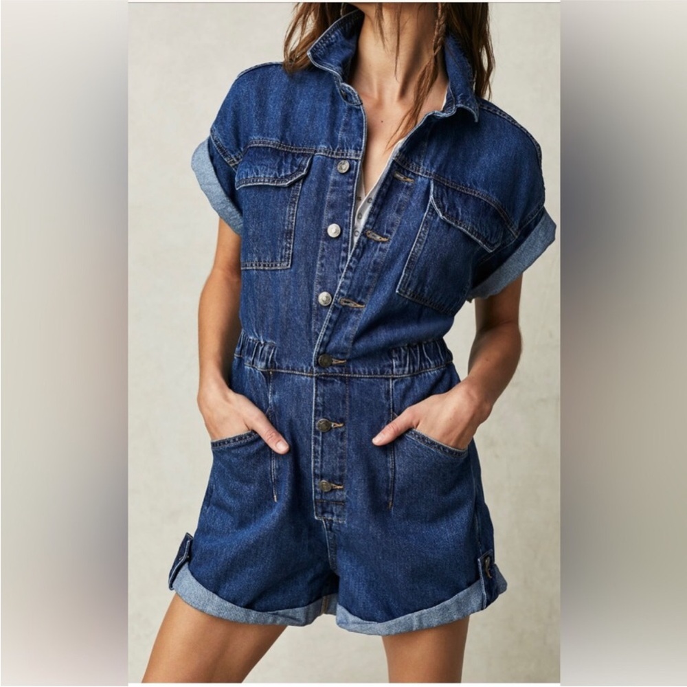 Free People We The Free Marci Romper Cuffed Shortalls Denim Buttonup Shorts